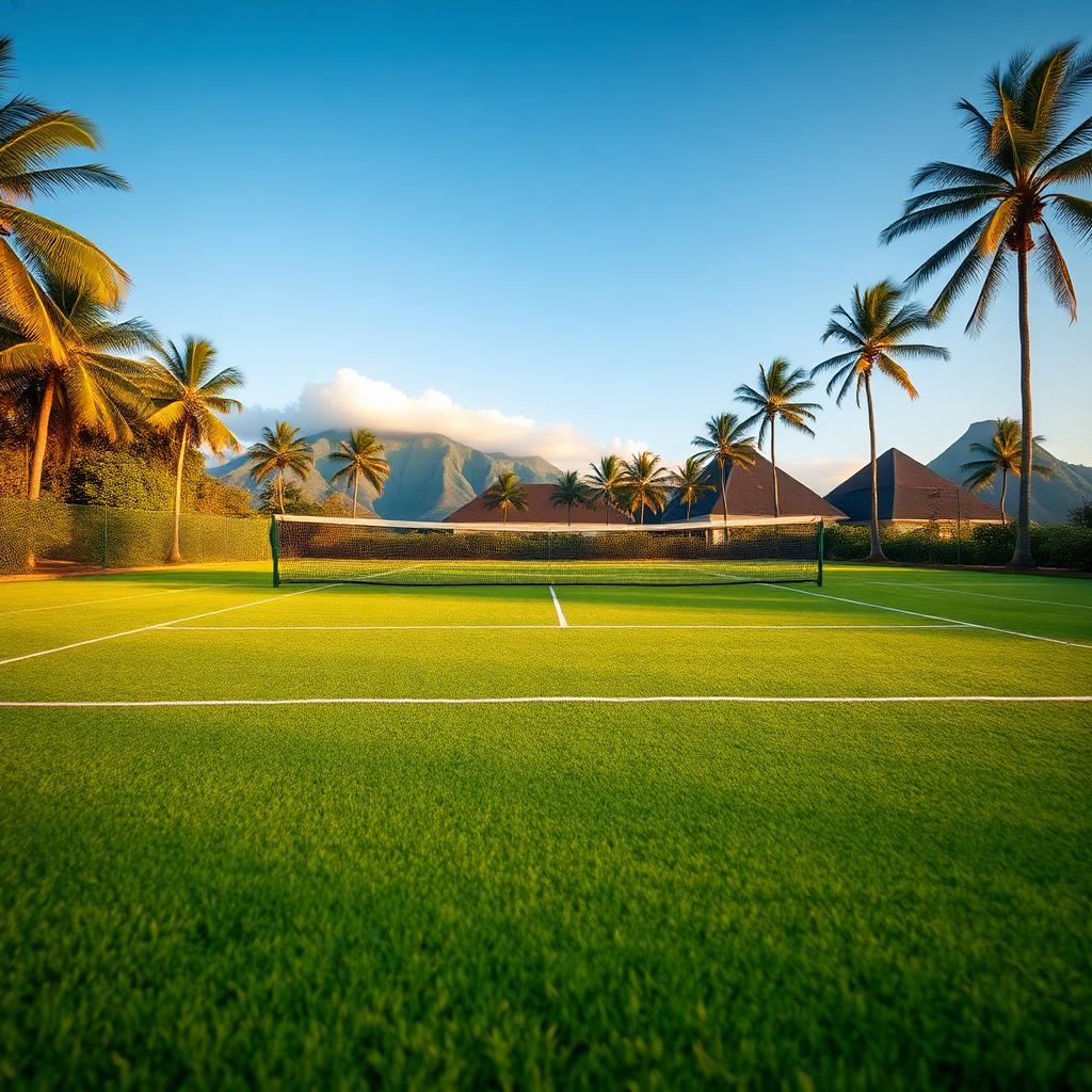 Freshly cut grass tennis court with mountains in the background